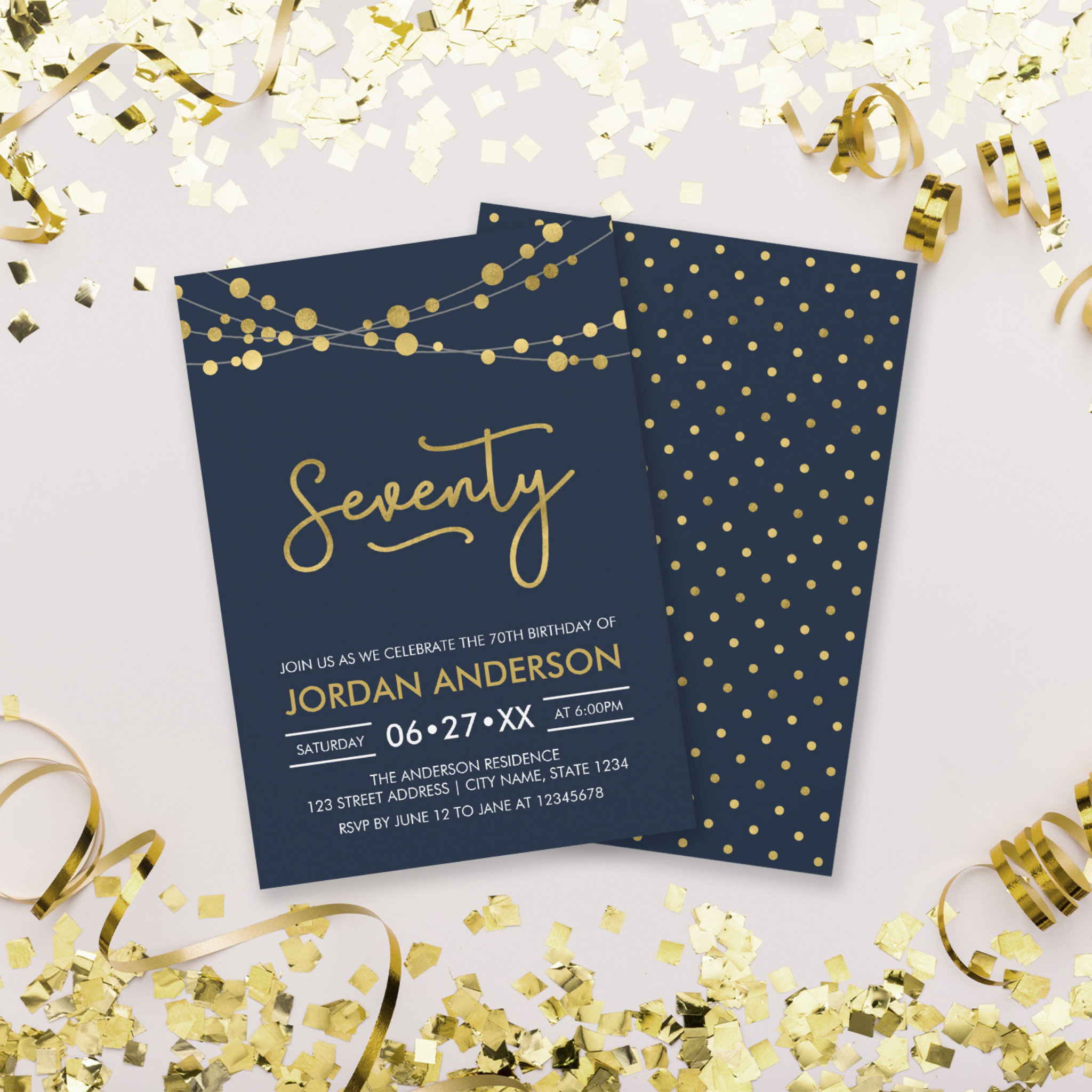 Elegant Modern Blue String of Lights 70th Birthday Invitation