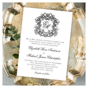 Elegant Monogram Crest Black and White Wedding Invitation