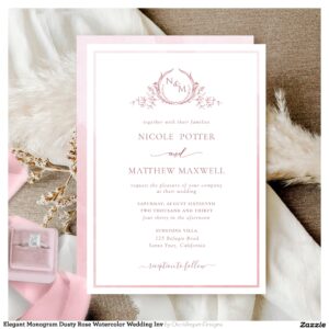 Elegant Monogram Dusty Rose Watercolor Wedding Inv Invitation