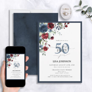 Elegant Navy Blue Burgundy Floral 50th Birthday Invitation