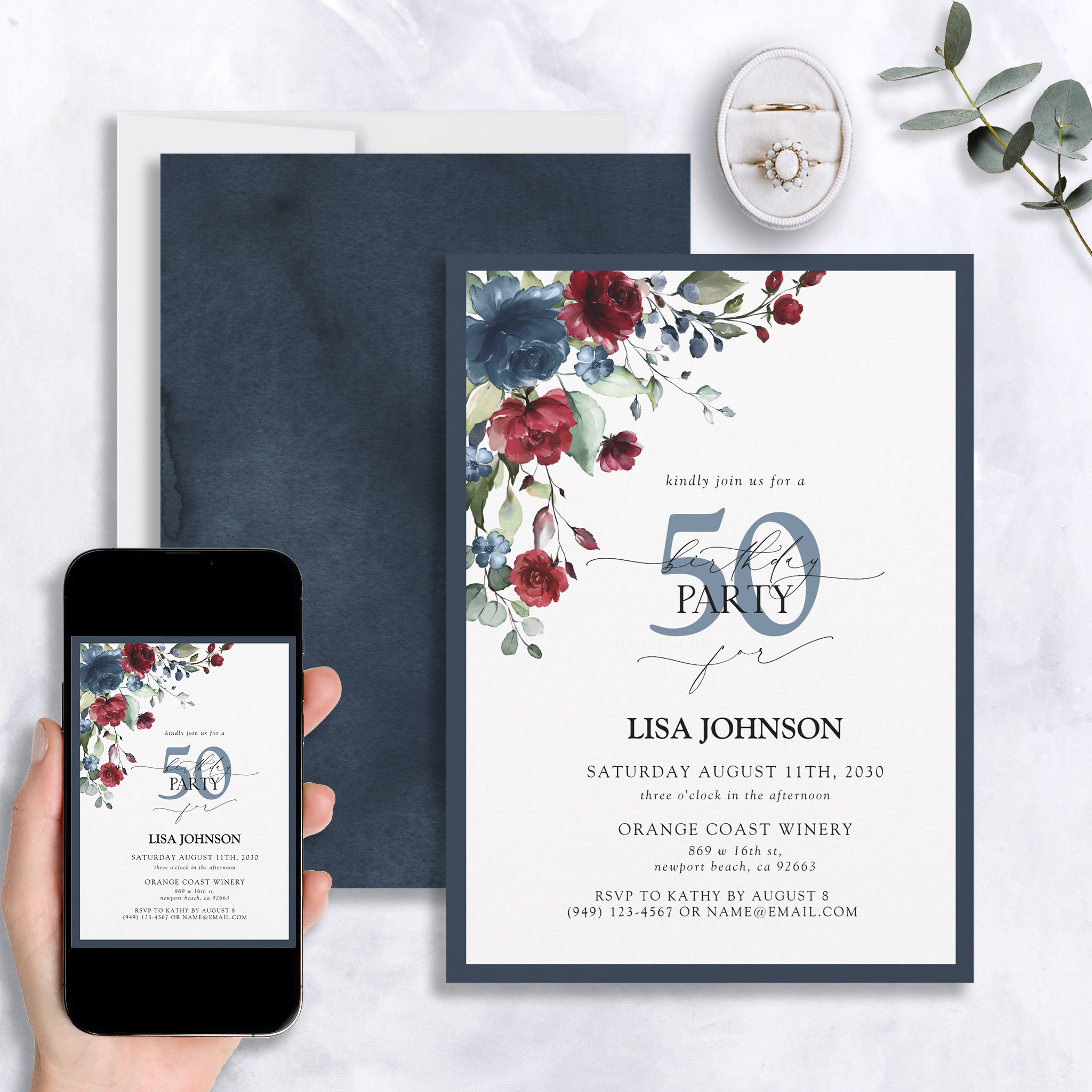 Elegant Navy Blue Burgundy Floral 50th Birthday Invitation