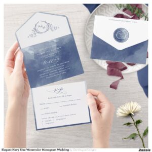 Elegant Navy Blue Watercolor Monogram Wedding All In One Invitation