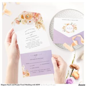 Elegant Peach and Purple Floral Wedding with RSVP  All In One Invitation