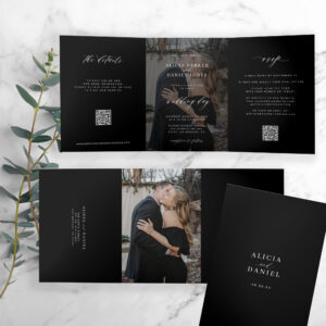Elegant photo black wedding RSVP details QR code  Tri-Fold Invitation