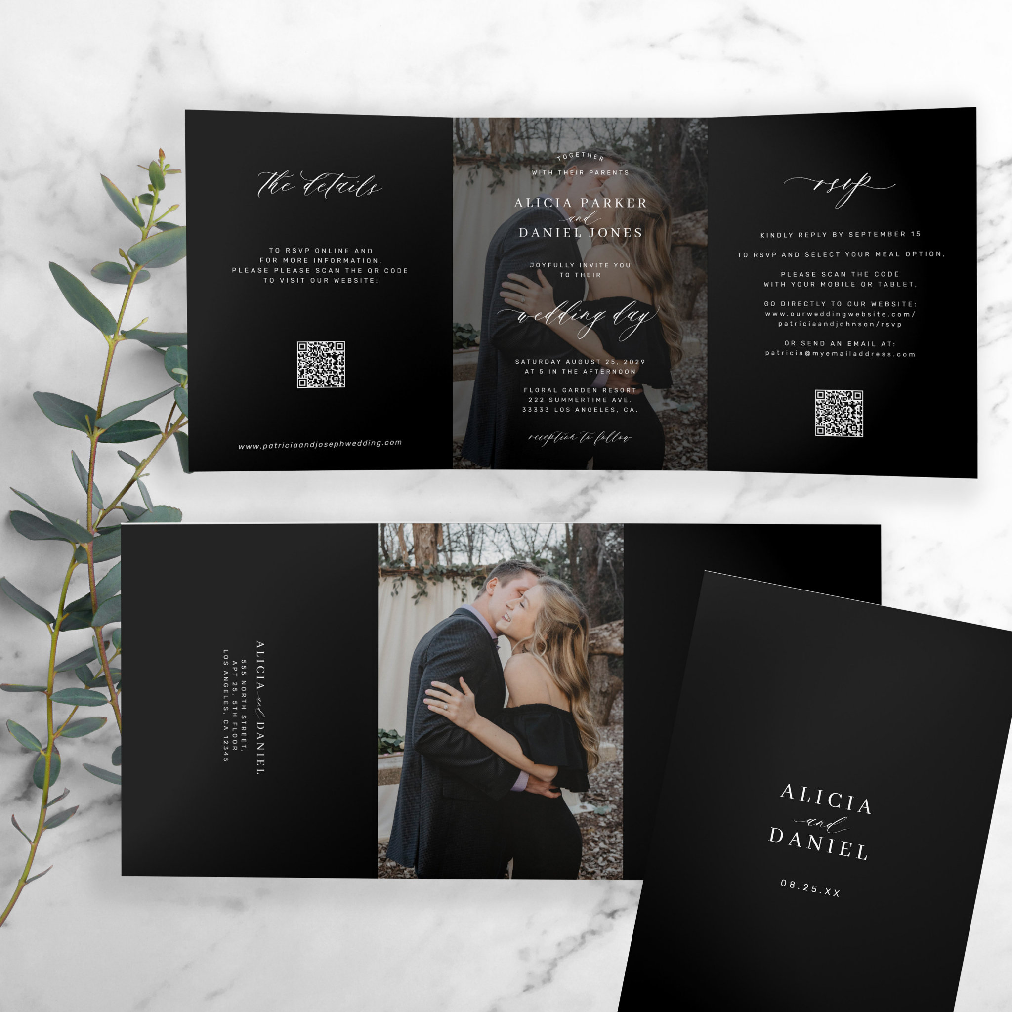 Elegant photo black wedding RSVP details QR code  Tri-Fold Invitation