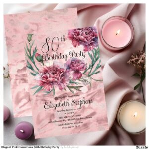 Elegant Pink Carnations 80th Birthday Party  Invitation