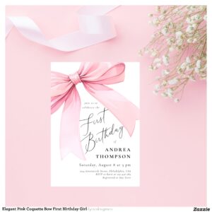 Elegant Pink Coquette Bow First BIrthday Girl Invitation