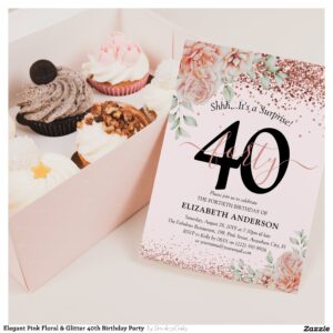 Elegant Pink Floral & Glitter 40th Birthday Party  Invitation