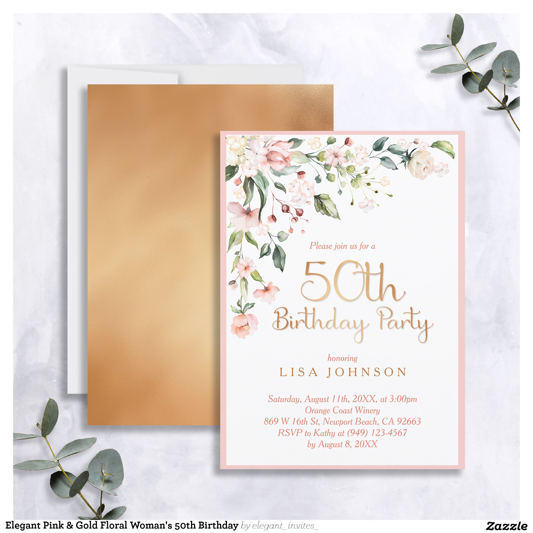 Elegant Pink & Gold Floral Woman's 50th Birthday Invitation