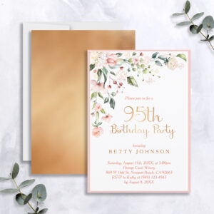 Elegant Pink & Gold Floral Woman's 95th Birthday Invitation