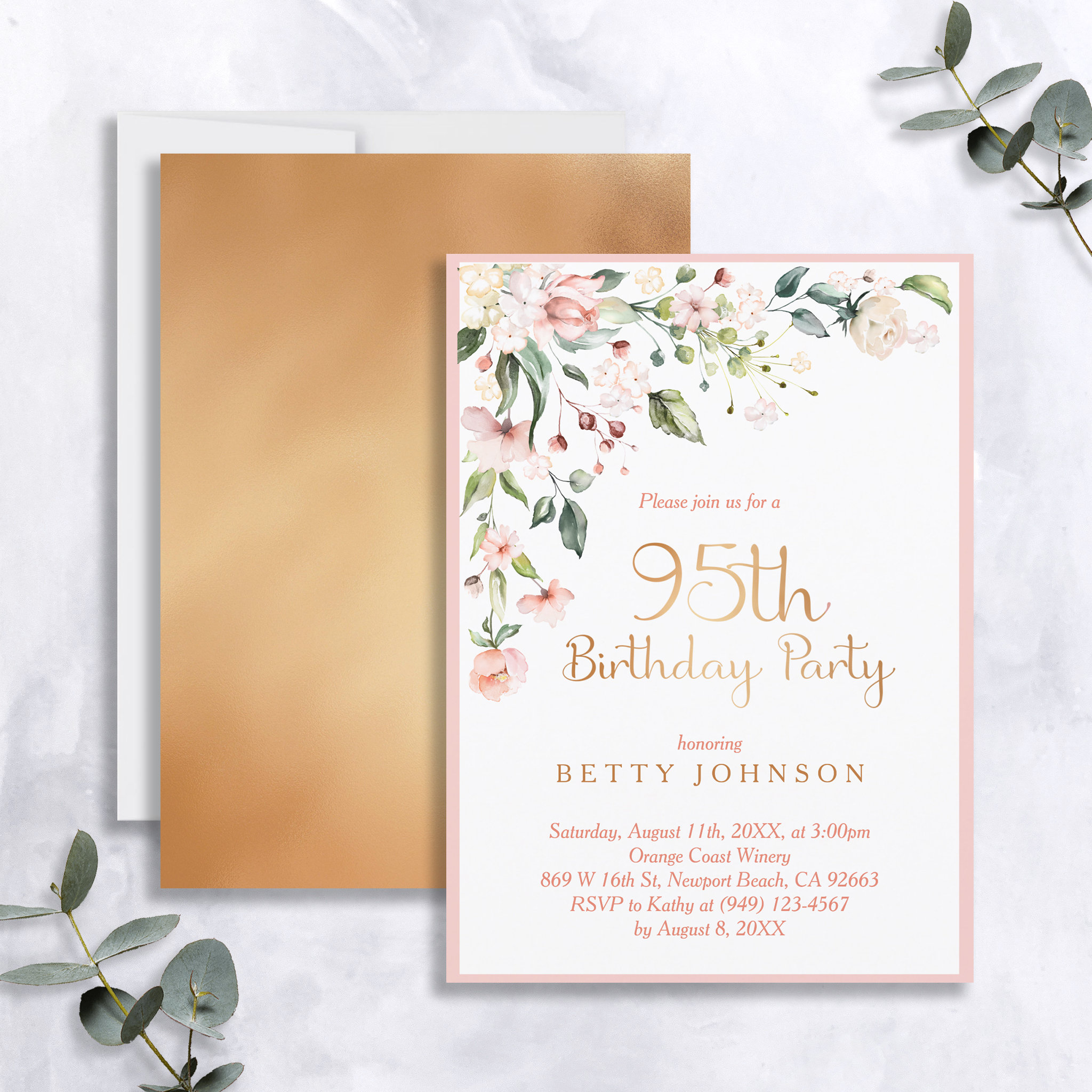 Elegant Pink & Gold Floral Woman's 95th Birthday Invitation