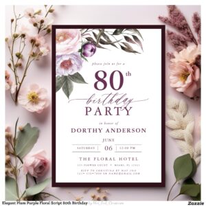 Elegant Plum Purple Floral Script 80th Birthday Invitation
