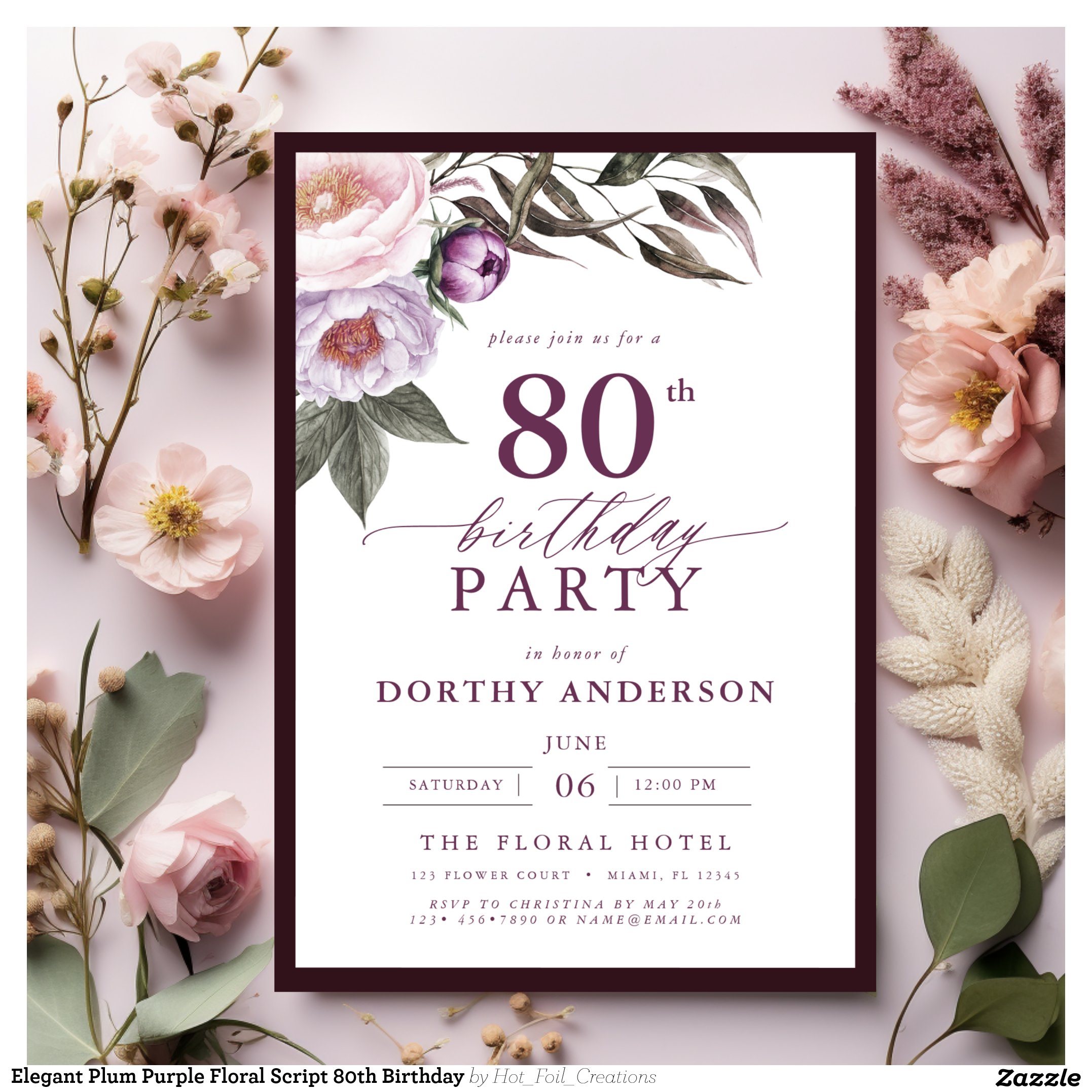 Elegant Plum Purple Floral Script 80th Birthday Invitation