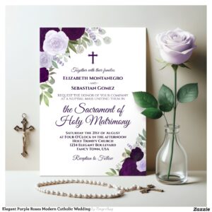 Elegant Purple Roses Modern Catholic Wedding Invitation