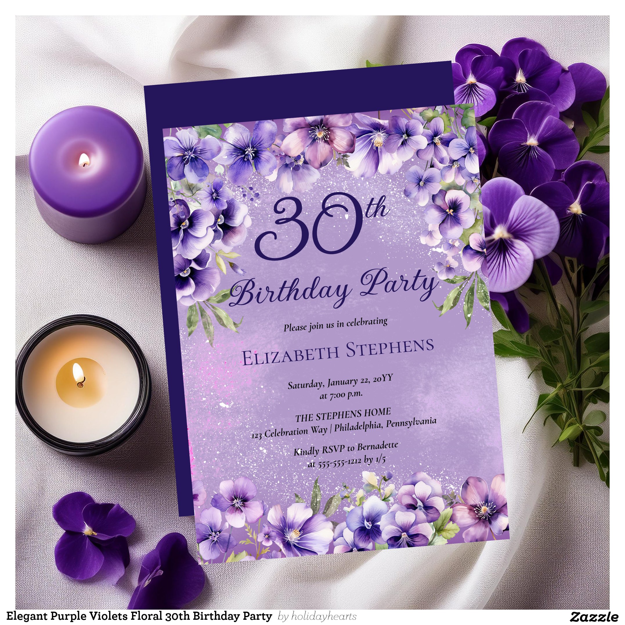 Elegant Purple Violets Floral 30th Birthday Party  Invitation