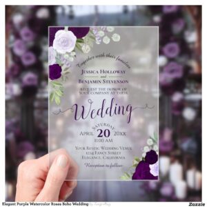 Elegant Purple Watercolor Roses Boho Wedding Acrylic Invitations