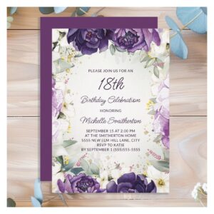 Elegant Purple White Floral Glitter 18th Birthday Invitation