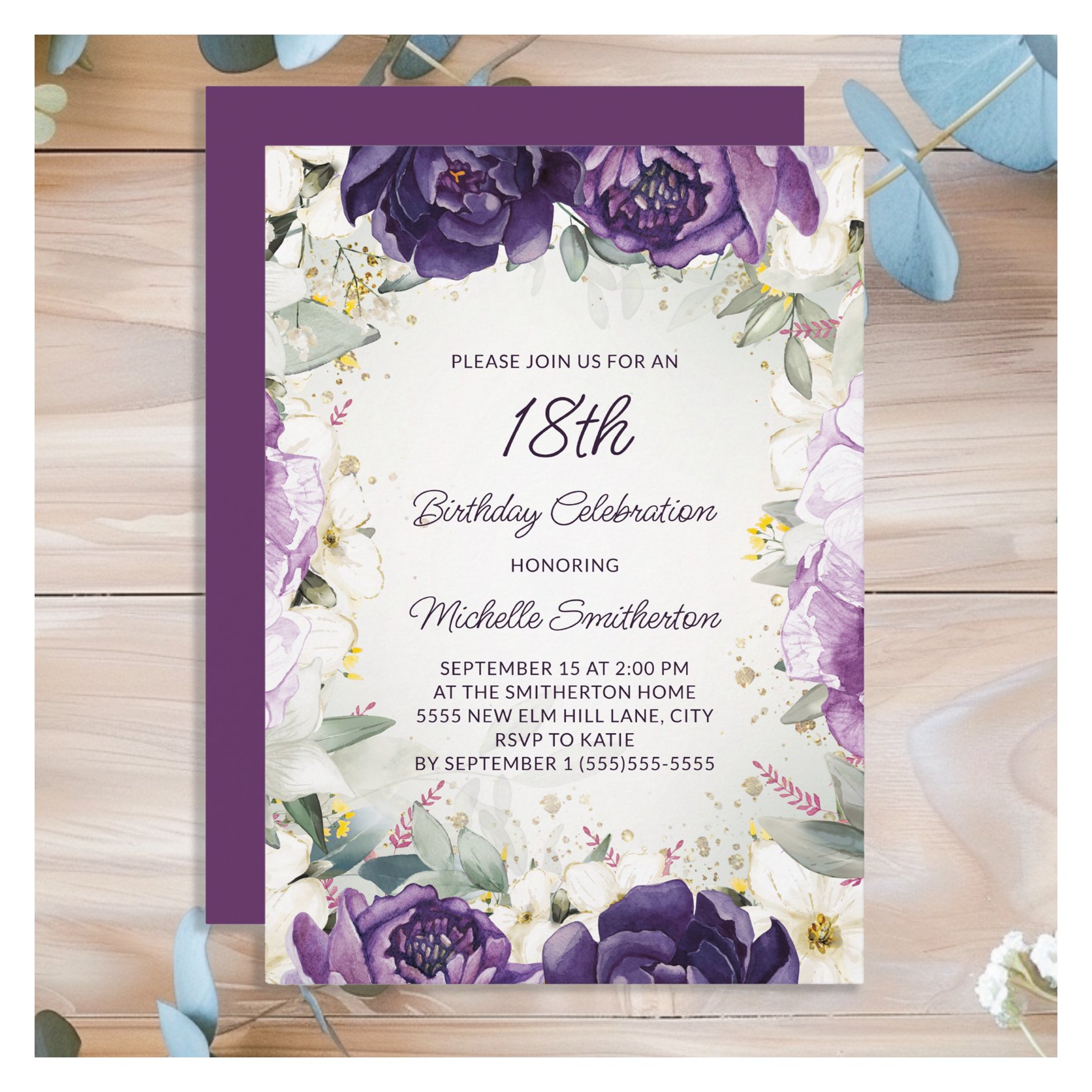 Elegant Purple White Floral Glitter 18th Birthday Invitation