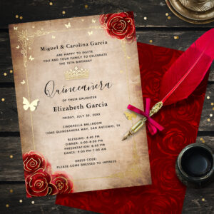 Elegant Quinceanera Red Rose Gold Foil Invitation