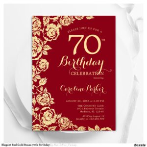 Elegant Red Gold Roses 70th Birthday Invitation