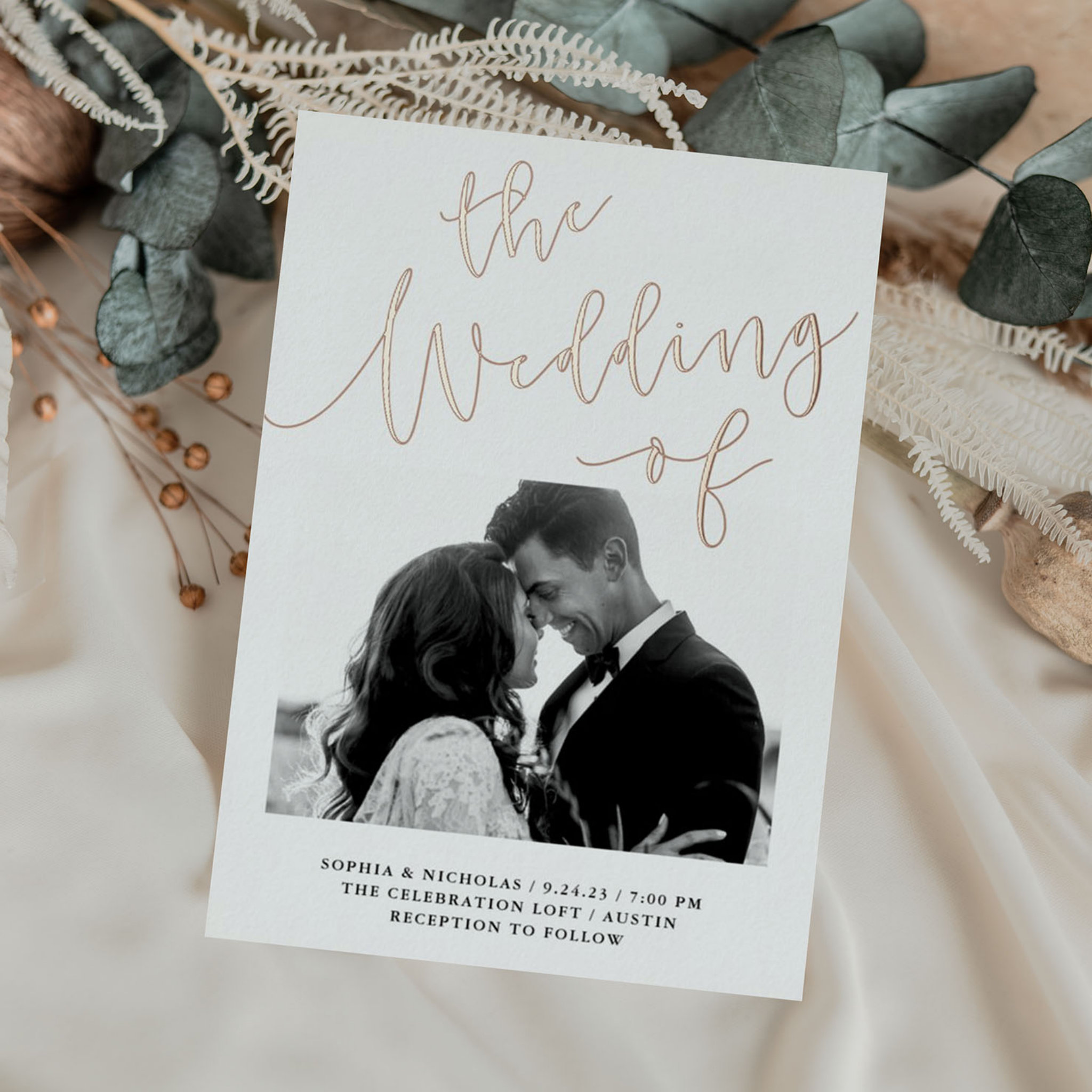 Elegant Romance   Rose Gold Foil Photo Wedding Foil Invitation