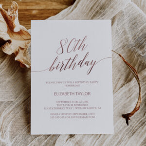 Elegant Rose Gold Calligraphy 80th Birthday Invitation