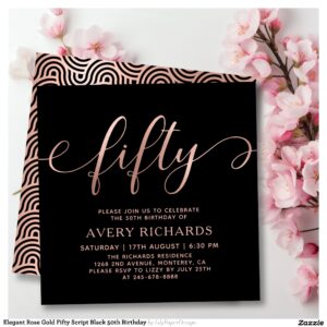 Elegant Rose Gold Fifty Script Black 50th Birthday Invitation