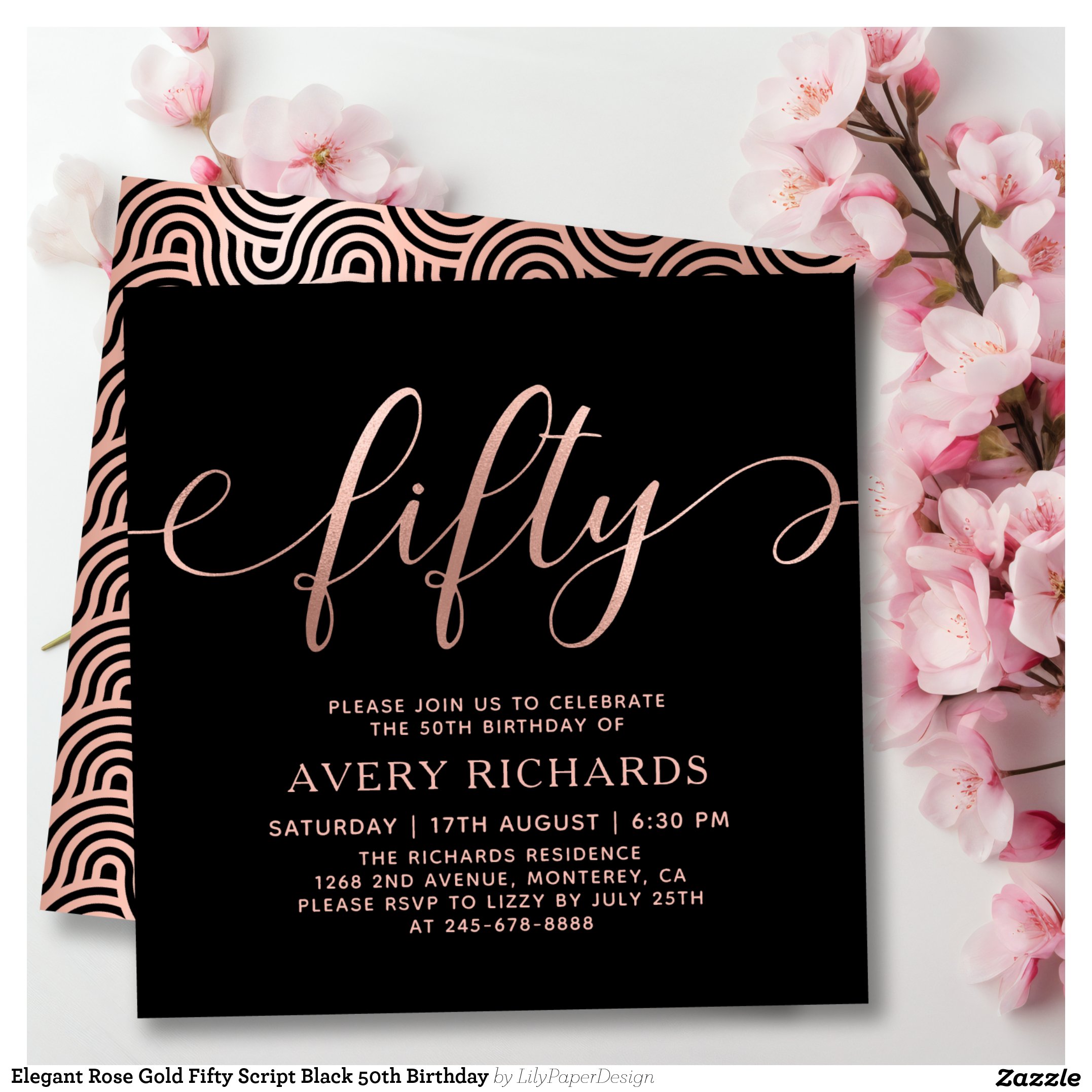Elegant Rose Gold Fifty Script Black 50th Birthday Invitation