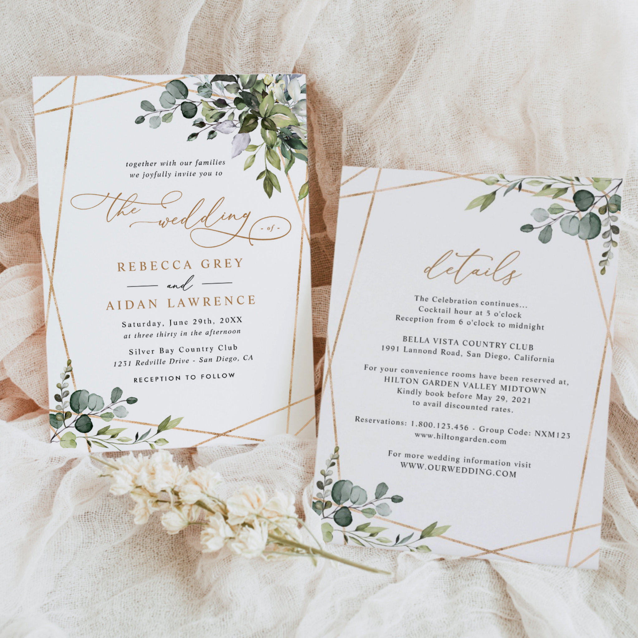 Elegant Rustic All-In-One Gold Greenery Wedding Invitation