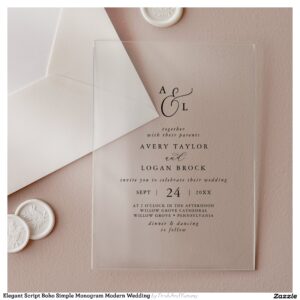 Elegant Script Boho Simple Monogram Modern Wedding Acrylic Invitations