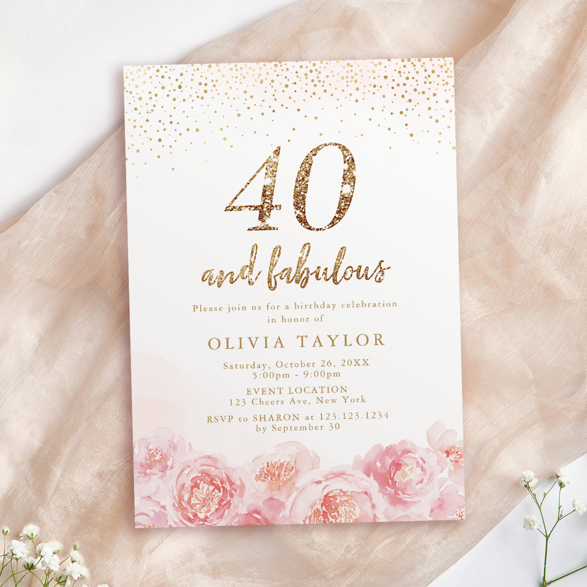 Elegant script gold & blush floral 40th birthday invitation