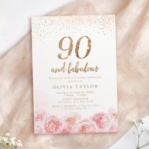 Elegant script gold & blush floral 90th birthday invitation