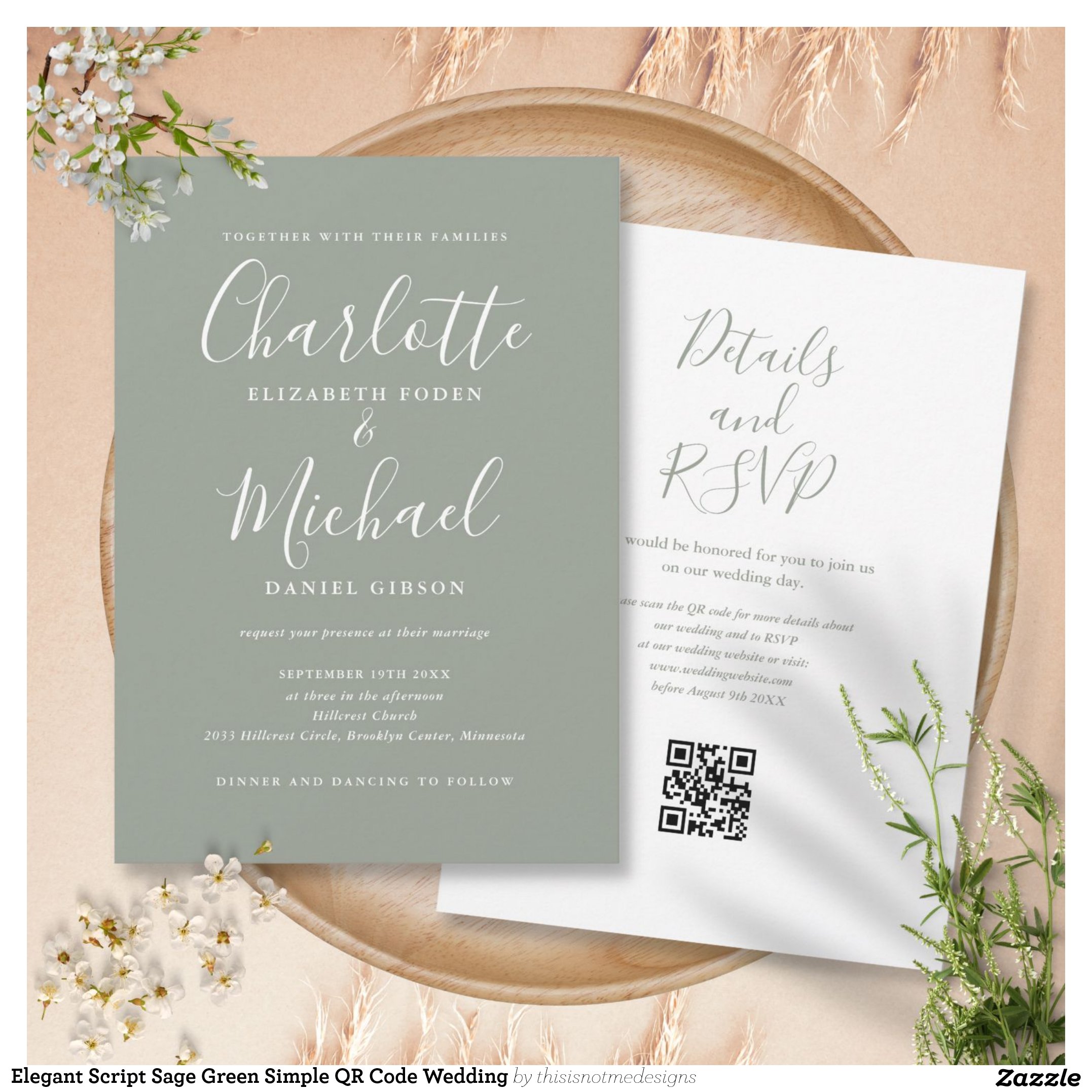Elegant Script Sage Green Simple QR Code Wedding Invitation