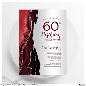 Elegant Silver Burgundy Red Agate 60th Birthday Invitation