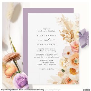 Elegant Simple Peach, Blush Cream Lavender Wedding Invitation