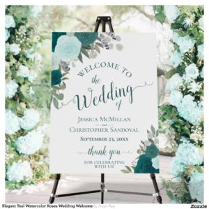 Elegant Teal Watercolor Roses Wedding Welcome Foam Board