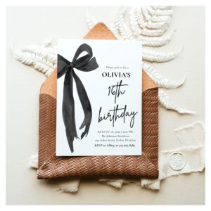 Elegant Watercolor Black Bow 16th Birthday Party Invitation