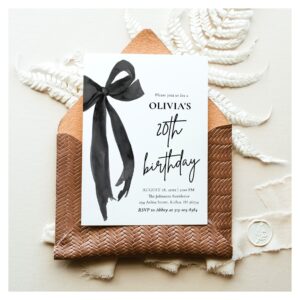 Elegant Watercolor Black Bow 20th Birthday Party Invitation