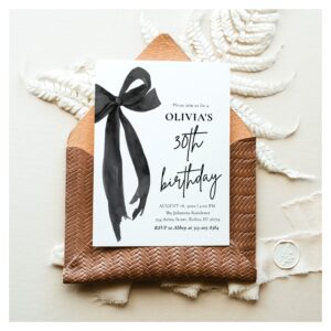 Elegant Watercolor Black Bow 30th Birthday Party Invitation