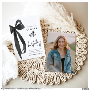 Elegant Watercolor Black Bow 40th Birthday Party Invitation
