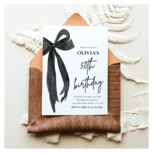 Elegant Watercolor Black Bow 50th Birthday Party Invitation