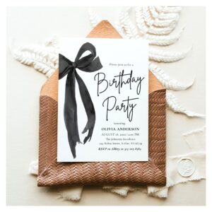 Elegant Watercolor Black Bow Birthday Party Invitation
