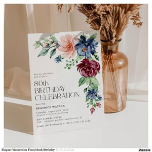 Elegant Watercolor Floral 80th Birthday  Invitation