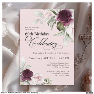 Elegant Watercolor Floral Pink 60th Birthday Invitation