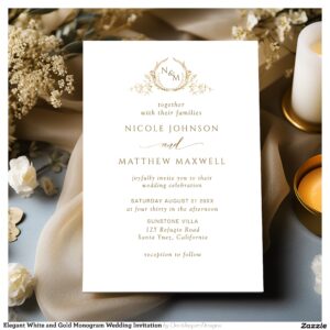 Elegant White and Gold Monogram Wedding Invitation