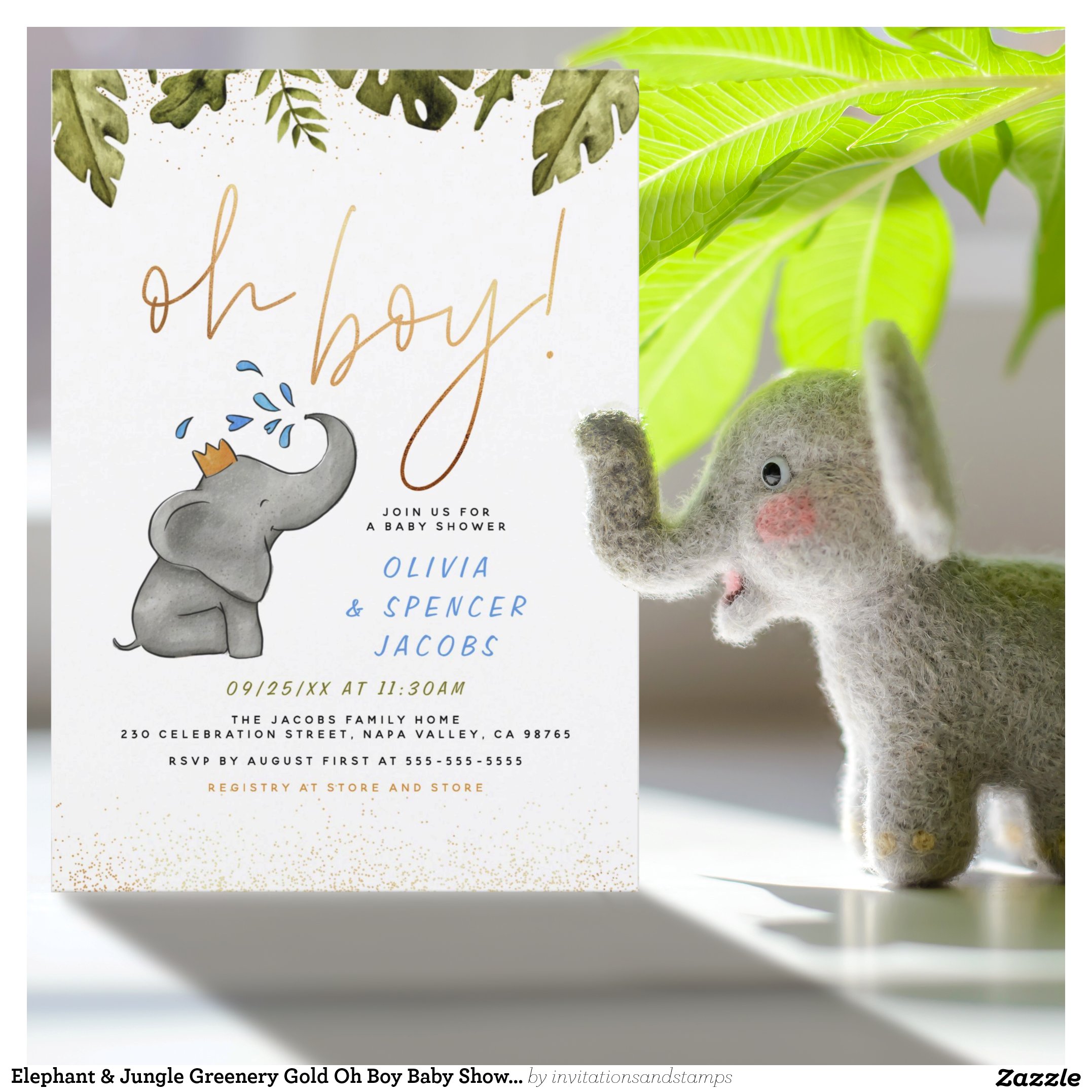 Elephant & Jungle Greenery Gold Oh Boy Baby Shower Invitation