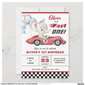 Elephant Red Race Car Fast One 1st First Birthday  Invitation