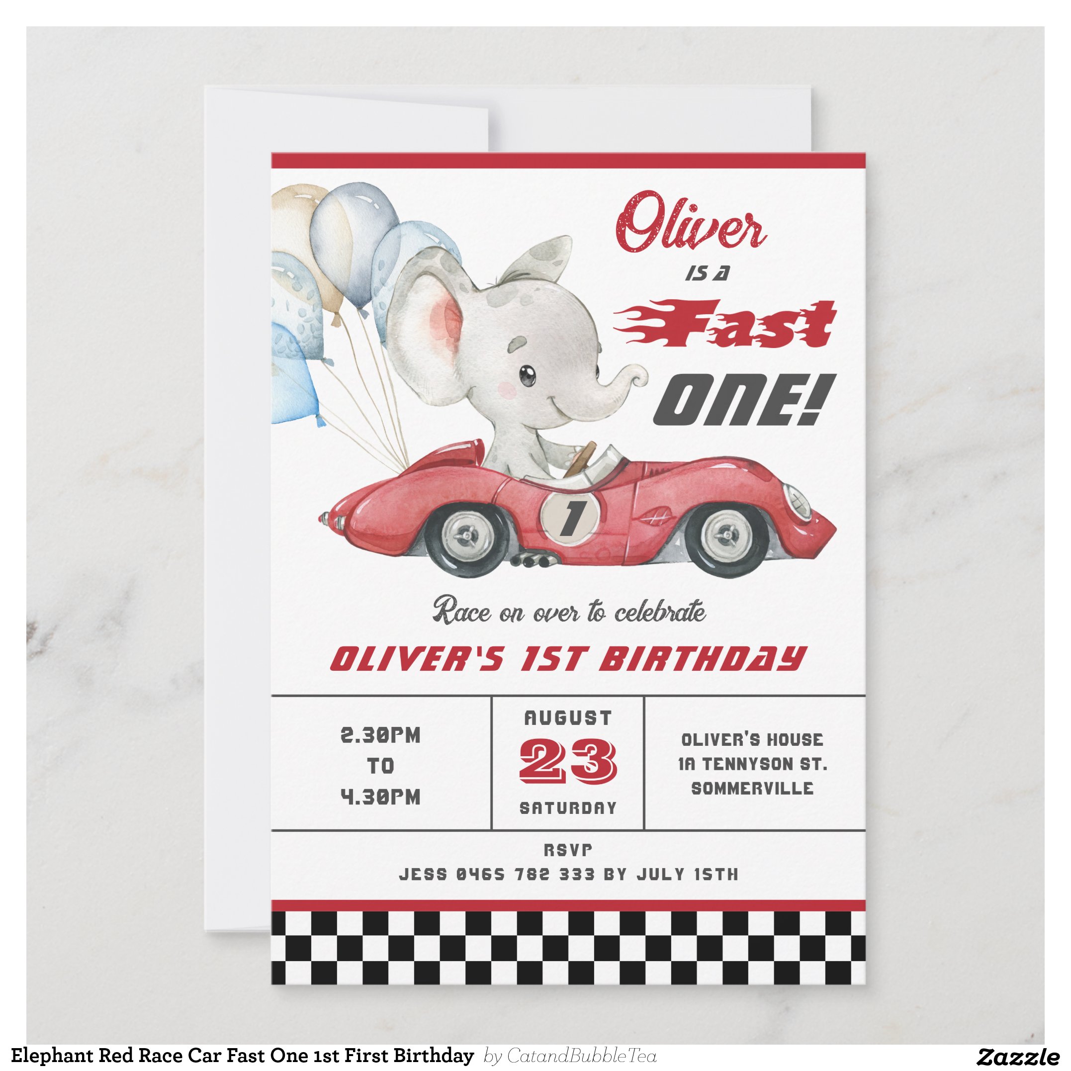 Elephant Red Race Car Fast One 1st First Birthday  Invitation