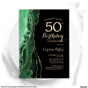 Emerald Green Agate Gold Black 50th Birthday Invitation