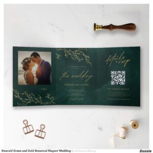 Emerald Green and Gold Botanical Elegant Wedding Tri-Fold Invitation